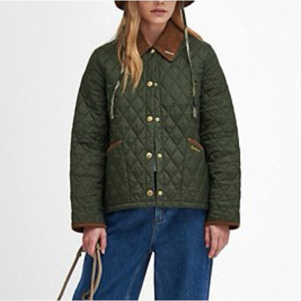 Barbour Olive Quilted Puffer Coat with Brown Trim